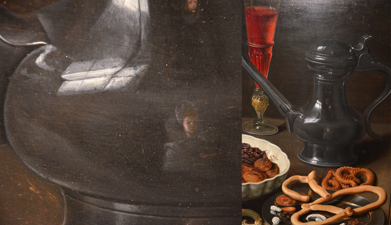 Clara Peeters, Stilleven met bloemen en lekkernijen (details; foto auteur)