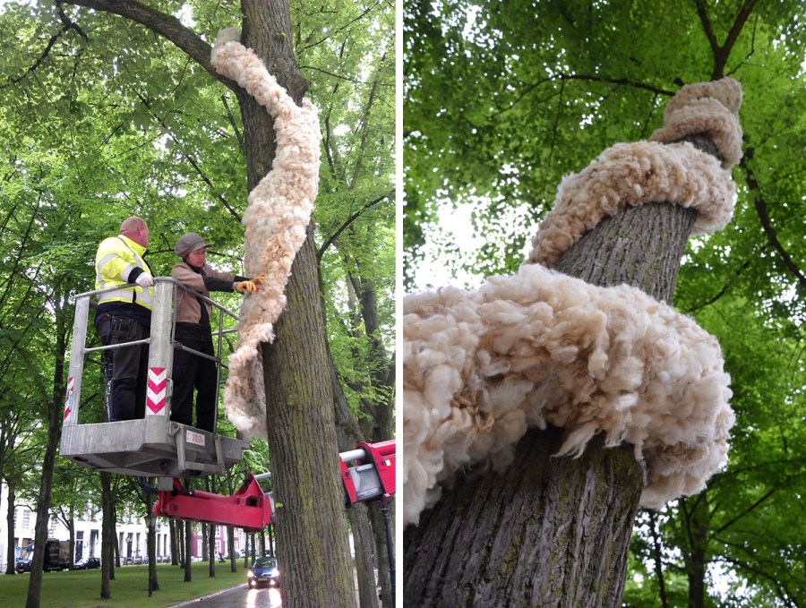 Kunstenares Yuhsing U Chang installeert haar wollen kunstwerk (2014)