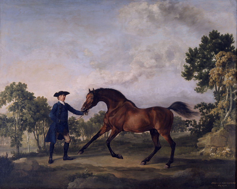 George Stubbs, Blank, de bruine hengst van de Duke of Ancaster, begeleid door Old Parnam